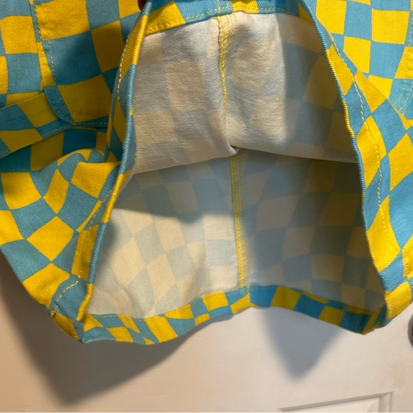 F21 Psychedelic Denim Overalls Romper Mini Dress Carolina Blue & Yellow | Small - Picture 10 of 11